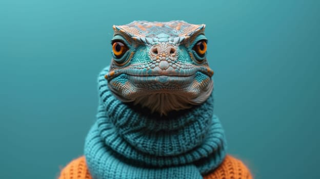 A lizard wearing a sweater and scarf with an orange face