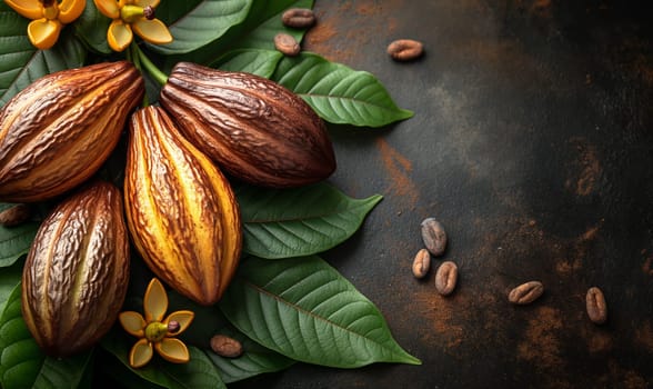 Food background with cocoa fruit on wooden table. Selective soft focus.