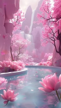 A pink flower pond with a waterfall in the background