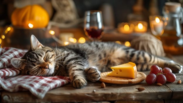 A cat laying on a table next to cheese and grapes