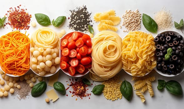 Food background with spaghetti or pasta recipe ingredient on wooden table.