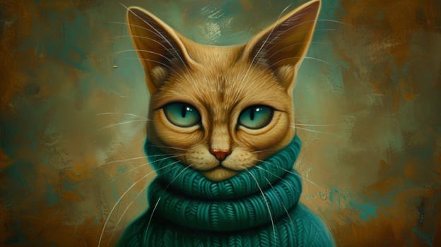 A painting of a cat wearing an ugly sweater with green eyes