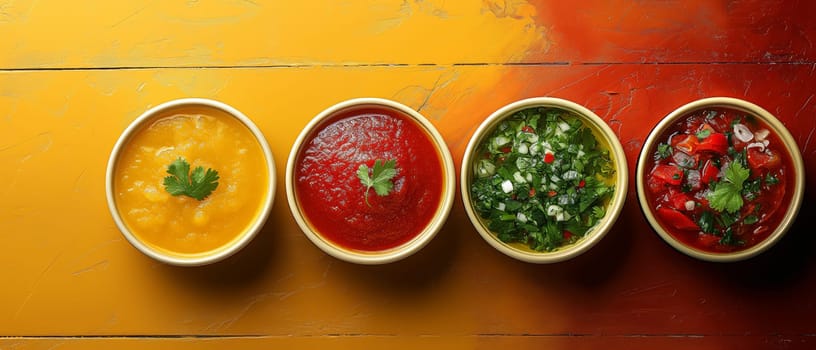 Food background with spices, herbs, sauces and vegetables on a yellow background.