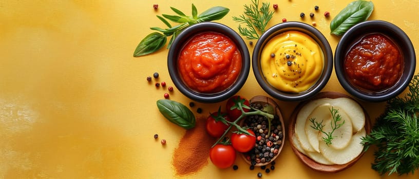 Food background with spices, herbs, sauces and vegetables on a yellow background.