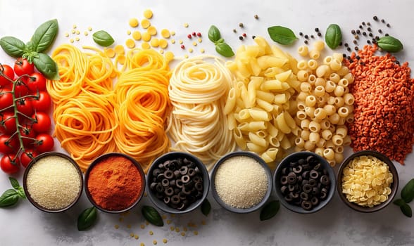 Food background with spaghetti or pasta recipe ingredient on wooden table.