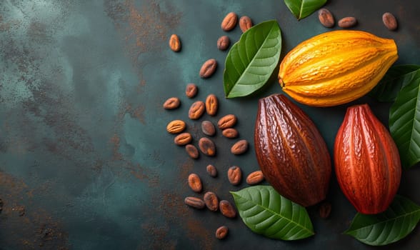 Food background with cocoa fruit on wooden table. Selective soft focus.