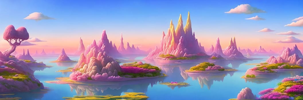 Surreal and dreamlike landscape of floating islands suspended in a pastel-colored sky, connected by delicate bridges and adorned with exotic flora.