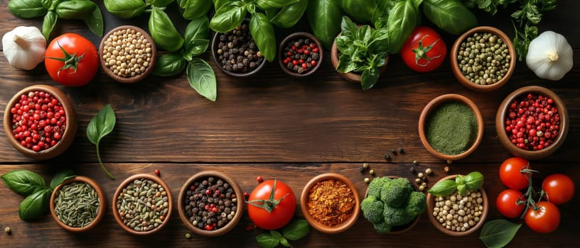 A variety of fresh natural vegetables and spices are on the rustic wooden table.