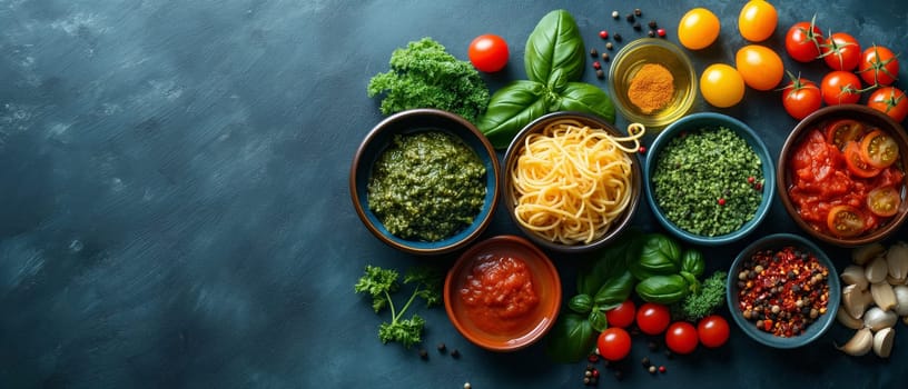 Food background with spaghetti recipe ingredient on blue texture background.