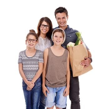Happy family, portrait and bag with groceries for natural sustainability in fashion on a white studio background. Mother, father and children with smile for food shopping in casual clothing on mockup.