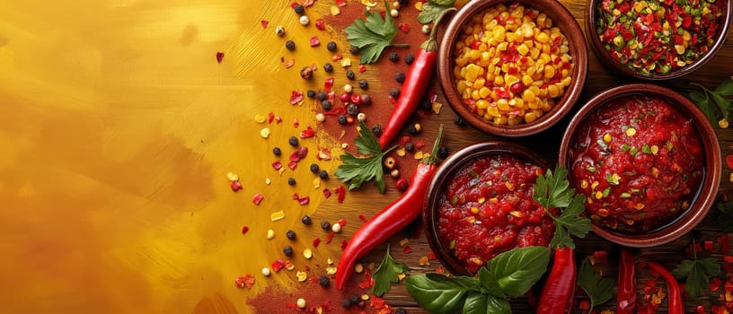 Food background with spices, herbs, sauces and vegetables on a yellow background.