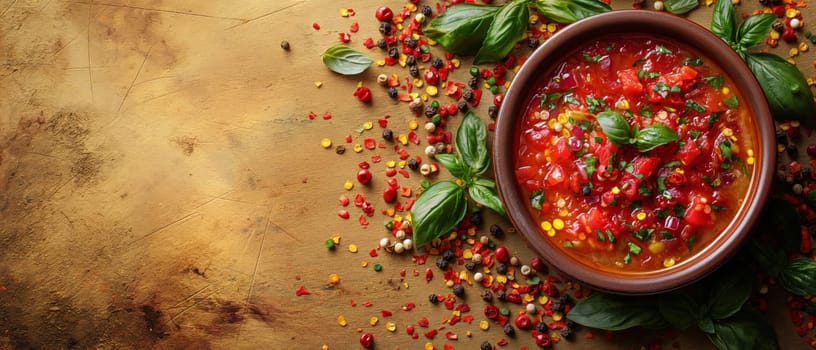 Food background with spices, herbs, sauces and vegetables on a vintage background.