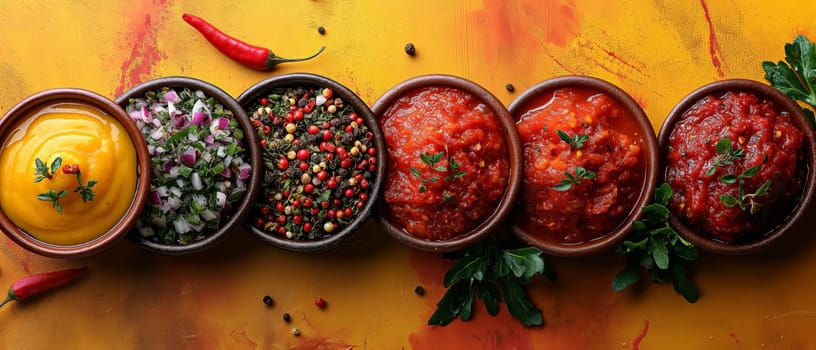 Food background with spices, herbs, sauces and vegetables on a yellow background.