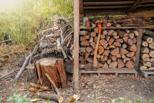 Natural background of a woodshed in autumn. High quality photo