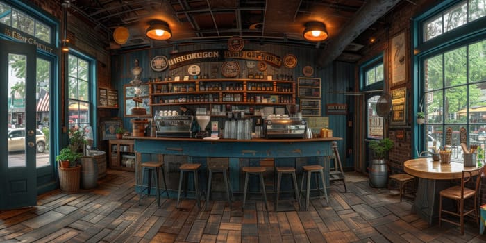 Cafe bar restaurant nobody indoor. Empty coffee shop interior daytime with wooden design counter red brick wall in background