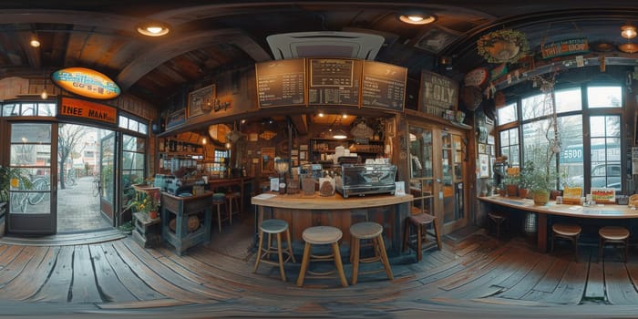 Cafe bar restaurant nobody indoor. Empty coffee shop interior daytime with wooden design counter red brick wall in background