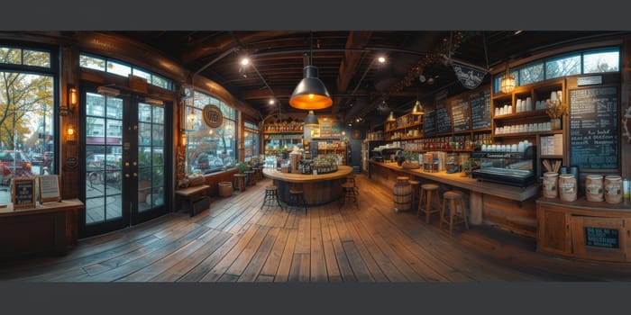 Cafe bar restaurant nobody indoor. Empty coffee shop interior daytime with wooden design counter red brick wall in background