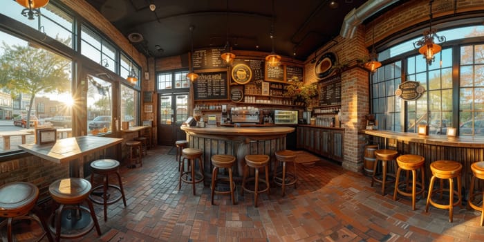 Cafe bar restaurant nobody indoor. Empty coffee shop interior daytime with wooden design counter red brick wall in background