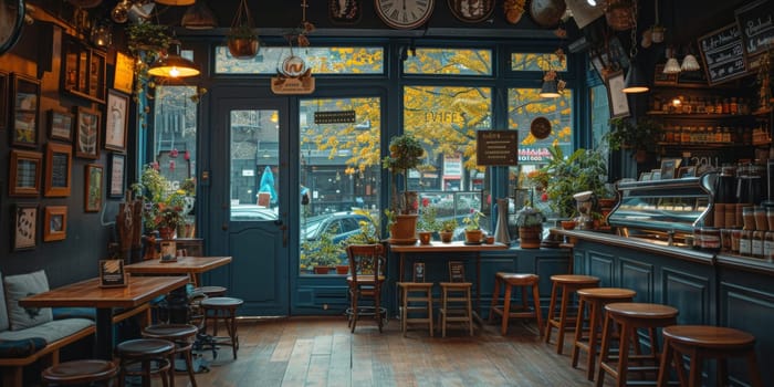 Cafe bar restaurant nobody indoor. Empty coffee shop interior daytime with wooden design counter red brick wall in background