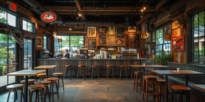 Cafe bar restaurant nobody indoor. Empty coffee shop interior daytime with wooden design counter red brick wall in background