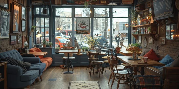 Cafe bar restaurant nobody indoor. Empty coffee shop interior daytime with wooden design counter red brick wall in background