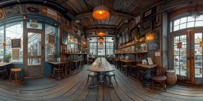 Cafe bar restaurant nobody indoor. Empty coffee shop interior daytime with wooden design counter red brick wall in background