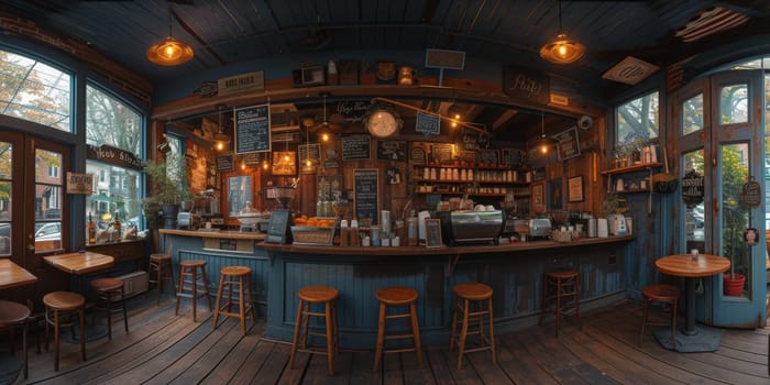 Cafe bar restaurant nobody indoor. Empty coffee shop interior daytime with wooden design counter red brick wall in background