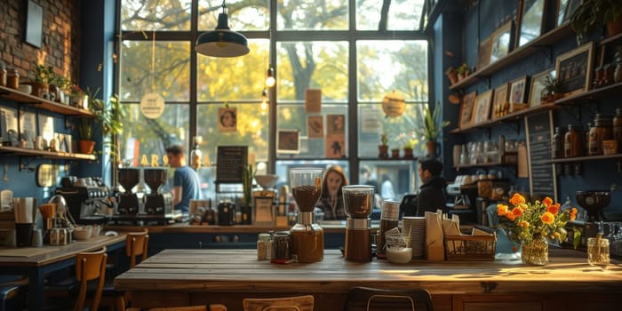 Cafe bar restaurant nobody indoor. Empty coffee shop interior daytime with wooden design counter red brick wall in background