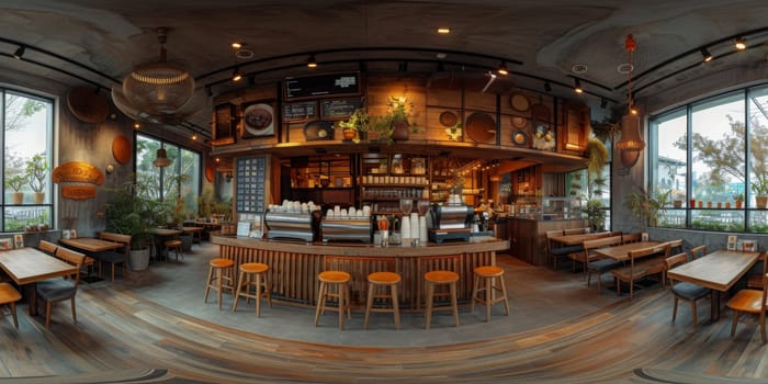 Cafe bar restaurant nobody indoor. Empty coffee shop interior daytime with wooden design counter red brick wall in background