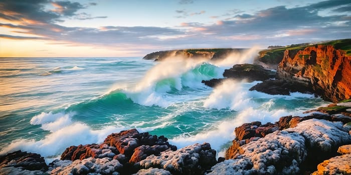 Stunning seascape, cliffs towering over the coastline, waves crashing below. Panorama. Generative AI.