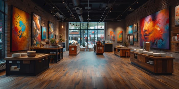 Shot of a shop display full of coffee themed art Exhibitions festival theme and some art decoration.