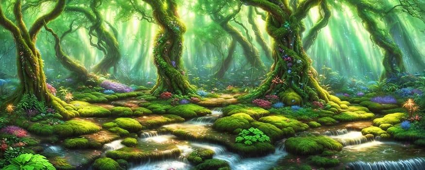 Mystical beauty of an enchanted forest. Vibrant greenery, twisting vines, and shimmering shafts of sunlight filtering through the canopy. Generative AI