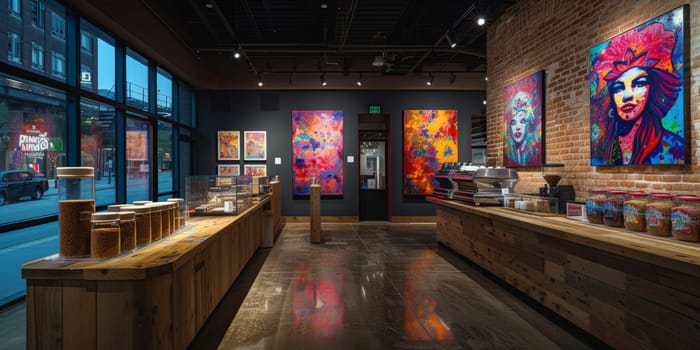 Shot of a shop display full of coffee themed art Exhibitions festival theme and some art decoration.