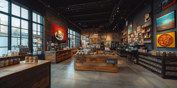 Shot of a shop display full of coffee themed art Exhibitions festival theme and some art decoration.