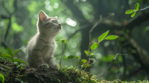 A kitten sitting on a tree branch looking up at the sky