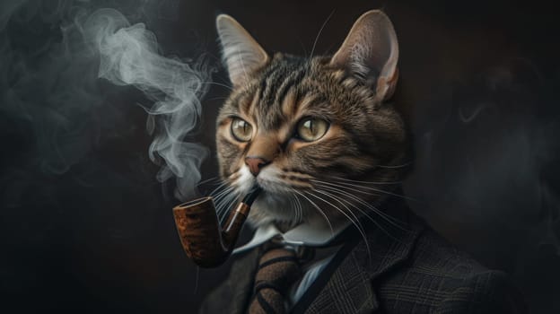 A cat wearing a suit and smoking with smoke coming out of his pipe