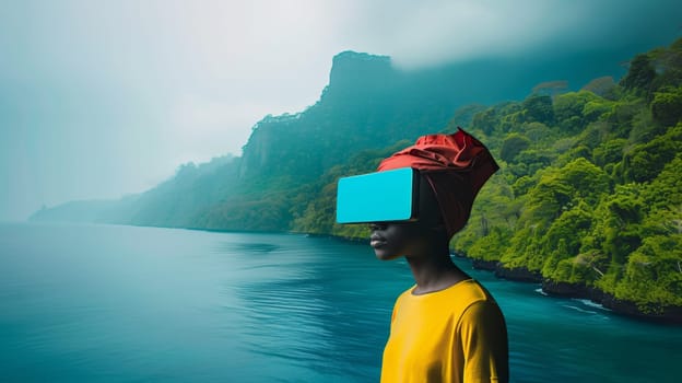 A woman with a blue box on her head standing near the water