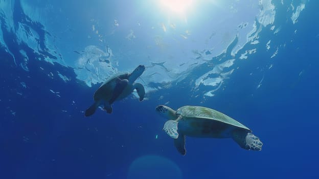 Two turtles swimming in the ocean under a blue sky