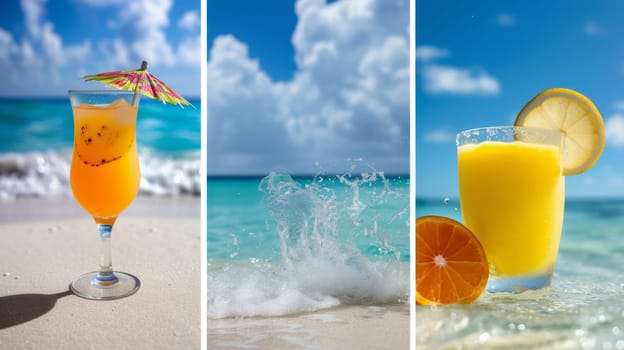 A series of three pictures showing a drink, an orange and the ocean