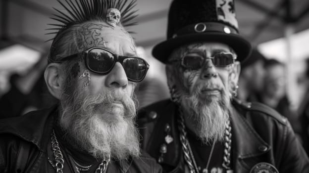 Two men with long hair and tattoos wearing sunglasses