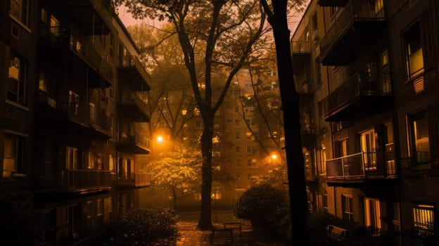 A view of a bench is sitting in the middle of an alley