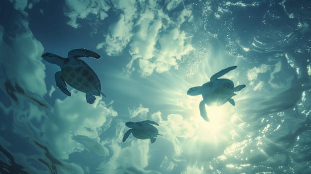 Three turtles swimming in the water under a blue sky