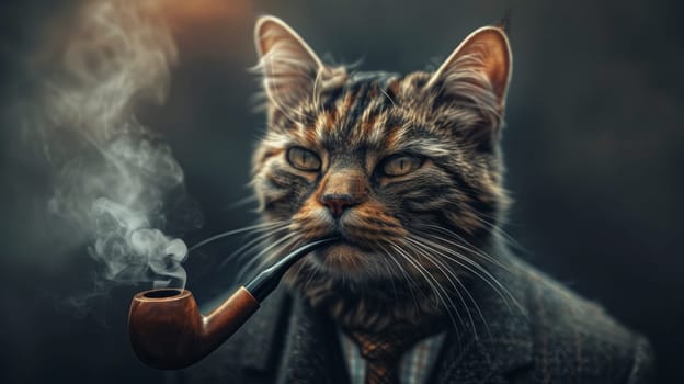 A cat with a pipe in its mouth smoking