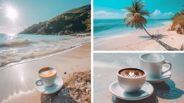 A coffee cup on a beach with palm trees and ocean