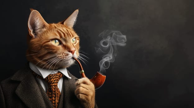 A cat wearing a suit and smoking a pipe with smoke coming out of it