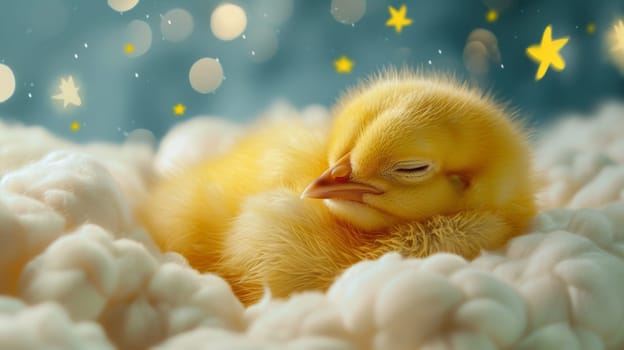 A baby bird sleeping on a cloud with stars in the sky
