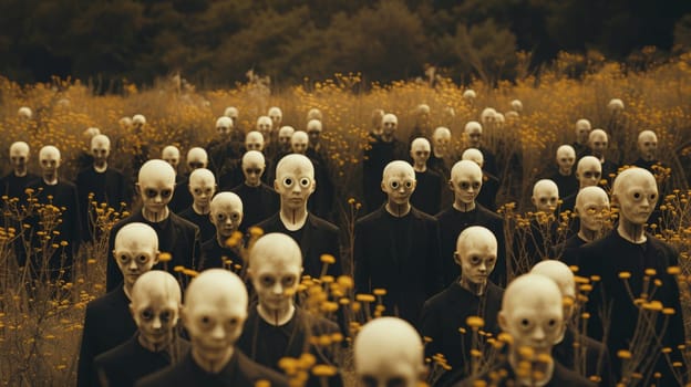 A group of people with alien heads standing in a field