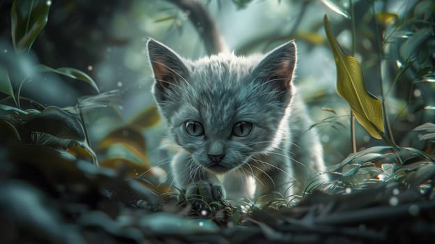 A close up of a small gray kitten in the woods