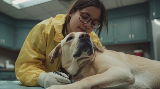A woman in a yellow jacket is examining the dog