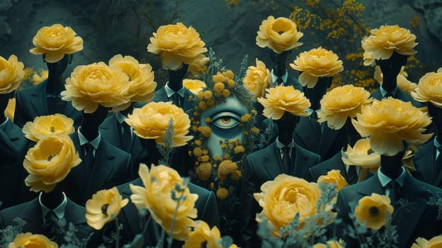 A group of people dressed in suits surrounded by yellow flowers